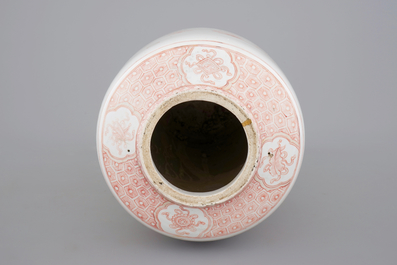 A large Chinese porcelaine famille verte, iron red and gilt rouleau vase, Kangxi, ca. 1720
