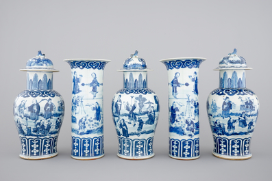 A Chinese bleu de Hue porcelain five piece garniture with acrobats, 19th C