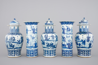 A Chinese bleu de Hue porcelain five piece garniture with acrobats, 19th C
