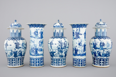 A Chinese bleu de Hue porcelain five piece garniture with acrobats, 19th C
