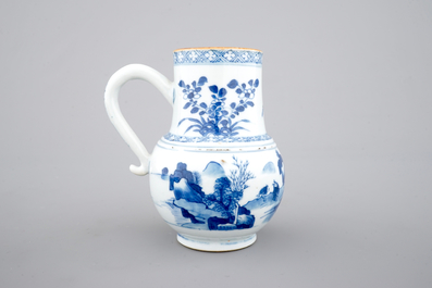 A Chinese blue and white jug with figures in a landscape, 18th C.