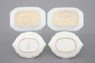Two pairs of Chinese porcelain serving trays, blue and white and famille rose, 18th C.