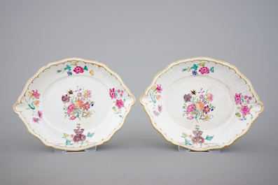 Two pairs of Chinese porcelain serving trays, blue and white and famille rose, 18th C.