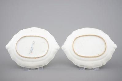 Two pairs of Chinese porcelain serving trays, blue and white and famille rose, 18th C.