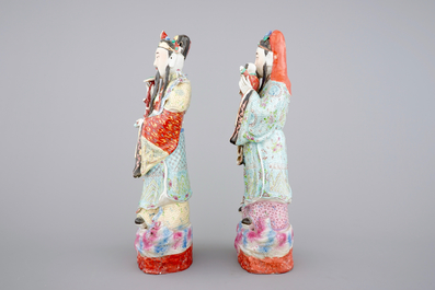 Two tall Chinese famille rose porcelain figures of immortals, 19/20th C.
