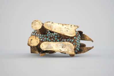 A Chinese or Sino-Tibetan filigree brass, turquoise and coral incense burner in the shape of a foo dog, 20th C.