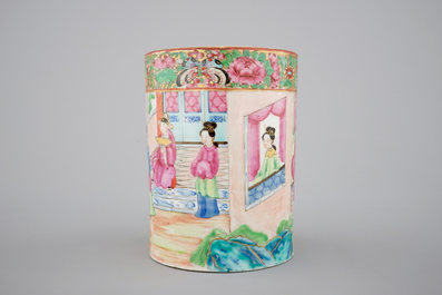 A good Chinese Canton famille rose porcelain brush pot, 19th C.