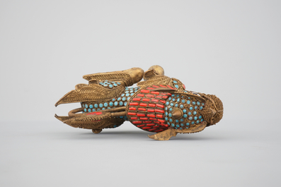 A Chinese or Sino-Tibetan filigree brass, turquoise and coral incense burner in the shape of a foo dog, 20th C.