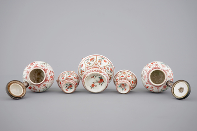 A set of three Chinese famille verte and iron red porcelain salts and two mustard pots with silver mounts, Kangxi, ca. 1700