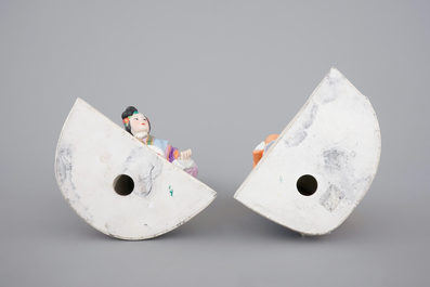 A fine Chinese porcelain figural group on a wooden stand, 20th C