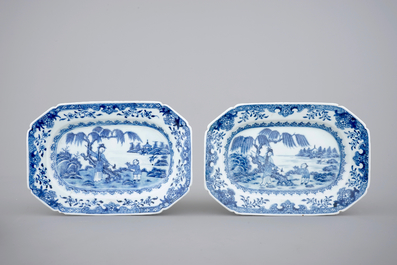 Two pairs of Chinese porcelain serving trays, blue and white and famille rose, 18th C.
