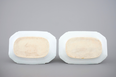 Two pairs of Chinese porcelain serving trays, blue and white and famille rose, 18th C.