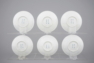 A set of six Japanese blue and white wine cups and saucers, 18/19th C.
