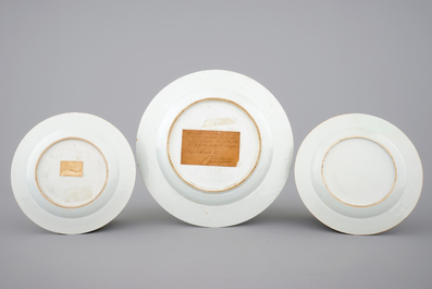 Three Chinese armorial export porcelain bianco sopra bianco and grisaille plates, Qianlong, 18th C.