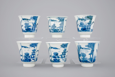 A set of six Japanese blue and white wine cups and saucers, 18/19th C.