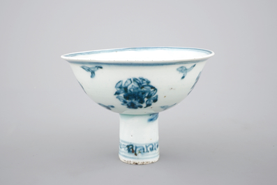 A Chinese blue and white porcelain stemcup with flowers and birds, early Ming, ca. 1500