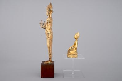 Two Asian gilt Buddha's, one Sino-Tibetan, seated, one standing, Nepalese (?), 19/20th C.