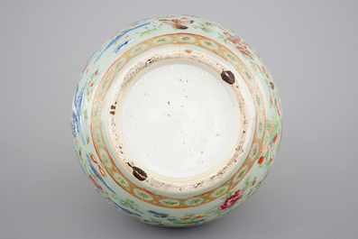 A Chinese celadon-ground blue and white porcelain bottle-shaped vase with Cantonese overdecoration, 19th C.