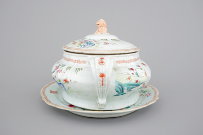 A Chinese famille rose export porcelain tureen on stand, Qianlong, 18th C.