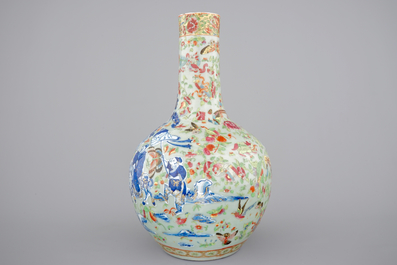 A Chinese celadon-ground blue and white porcelain bottle-shaped vase with Cantonese overdecoration, 19th C.
