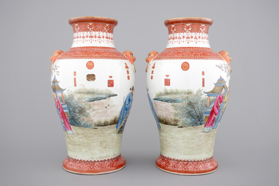 An important and fine pair of republic Chinese famille rose porcelain vases, first half of the 20th C.