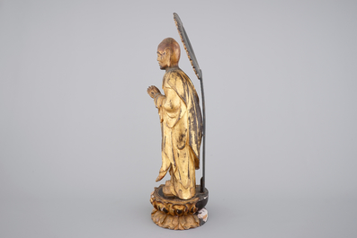 A Japanese gilded wooden Rakan (Arhat) with inlayed eyes, Edo period, 18th C.