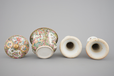 A group of Chinese Canton famille rose wares: a pair of candlesticks, a covered bowl on stand and a oblong tray, 19th C