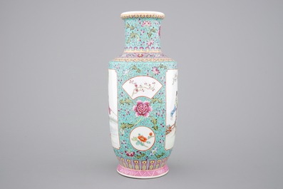 A Chinese famille rose porcelain rouleau vase, 20th C.