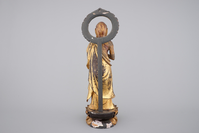 A Japanese gilded wooden Rakan (Arhat) with inlayed eyes, Edo period, 18th C.