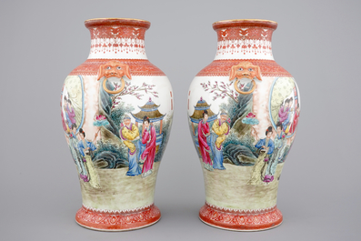 An important and fine pair of republic Chinese famille rose porcelain vases, first half of the 20th C.