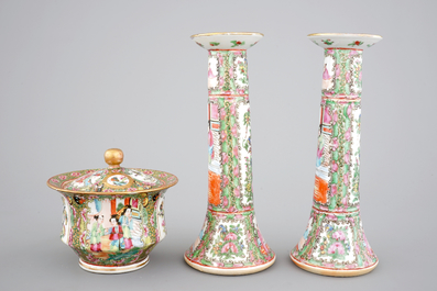 A group of Chinese Canton famille rose wares: a pair of candlesticks, a covered bowl on stand and a oblong tray, 19th C