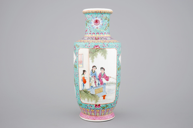 A Chinese famille rose porcelain rouleau vase, 20th C.