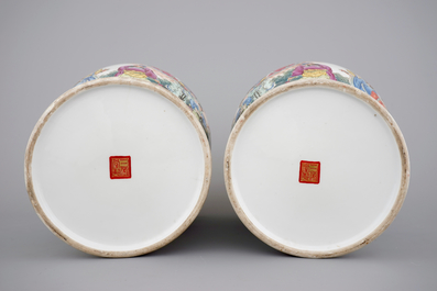 An important and fine pair of republic Chinese famille rose porcelain vases, first half of the 20th C.