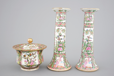 A group of Chinese Canton famille rose wares: a pair of candlesticks, a covered bowl on stand and a oblong tray, 19th C
