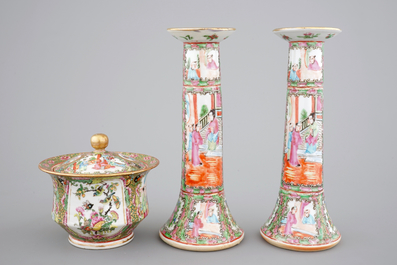 A group of Chinese Canton famille rose wares: a pair of candlesticks, a covered bowl on stand and a oblong tray, 19th C