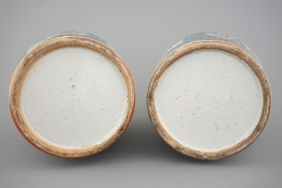 A tall pair of Chinese Canton verte porcelain vases with figural scenes, 19th C.