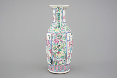 A tall Chinese porcelain famille rose vase with a figural scene and a small Qianjiang type vase, 19th C.