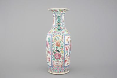 A tall Chinese porcelain famille rose vase with a figural scene, 19th C.