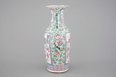 A tall Chinese porcelain famille rose vase with a figural scene and a small Qianjiang type vase, 19th C.