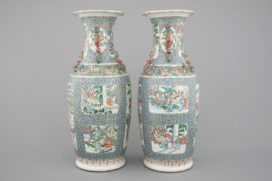 A tall pair of Chinese Canton verte porcelain vases with figural scenes, 19th C.