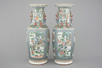 A tall pair of Chinese Canton verte porcelain vases with figural scenes, 19th C.