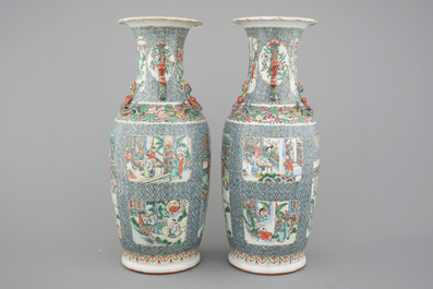 A tall pair of Chinese Canton verte porcelain vases with figural scenes, 19th C.