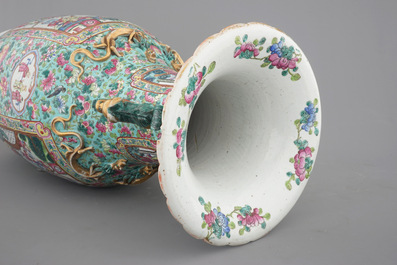A massive Chinese famille rose vase with figural scenes on a turquoise ground, 19th C.