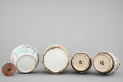 A set of four various Chinese famille rose and other vases, 19th C.