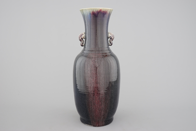 A tall Chinese porcelain flambe glaze vase with elephant handles, 19/20th C.