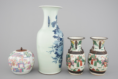 A set of four various Chinese famille rose and other vases, 19th C.