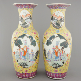 A massive pair of Chinese famille jaune and rose vases with elephants, early 19th C.