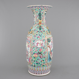 A massive Chinese famille rose vase with figural scenes on a turquoise ground, 19th C.