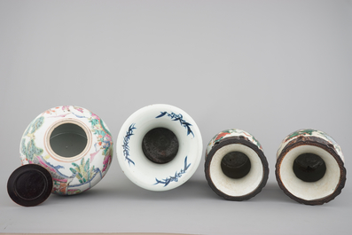 A set of four various Chinese famille rose and other vases, 19th C.