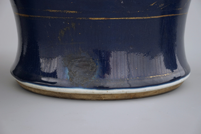 A monochrome Chinese mirror black and a bleu poudre with gilt vase, 18/19th C.